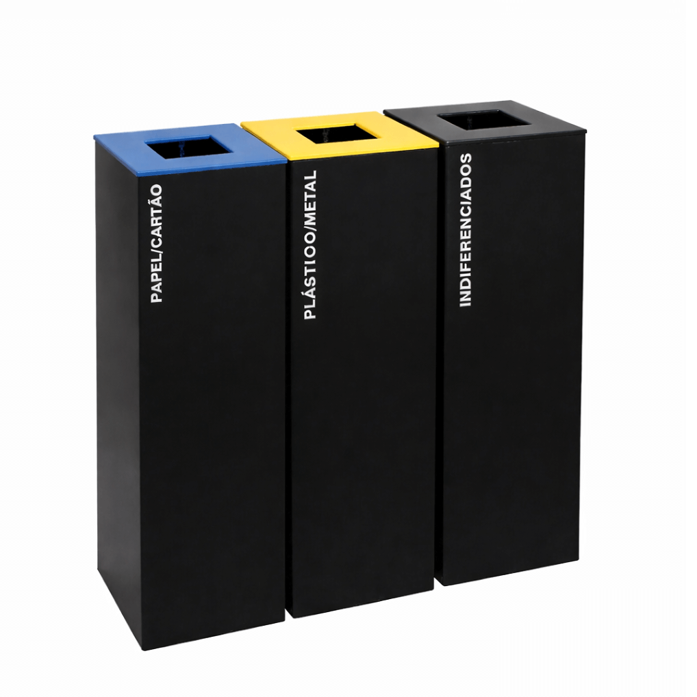 Ecoponto em Bloco Preto com 3 Separadores, ideal para reciclagem de papel, plástico e resíduos indiferenciados.