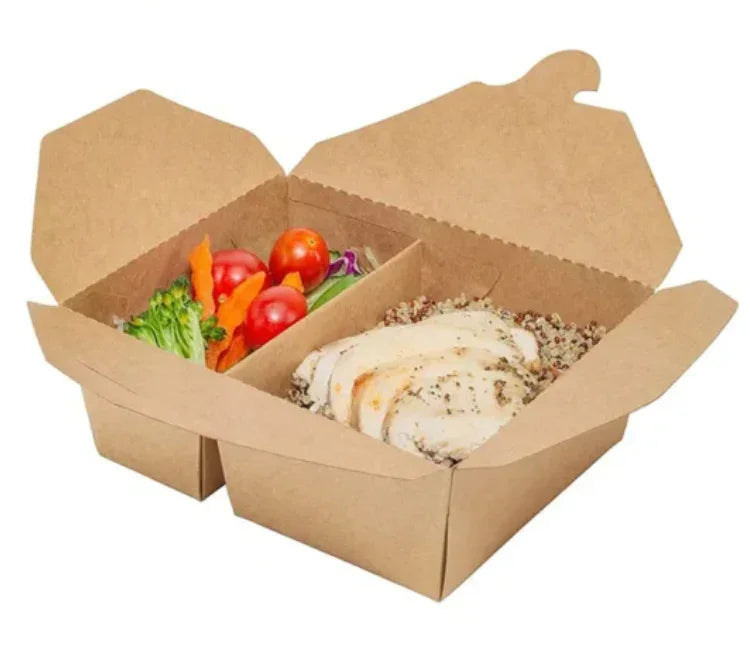 Caixa Take Away Plana 1170ml com Divisória com comida e salada, embalagem ecológica para take away.