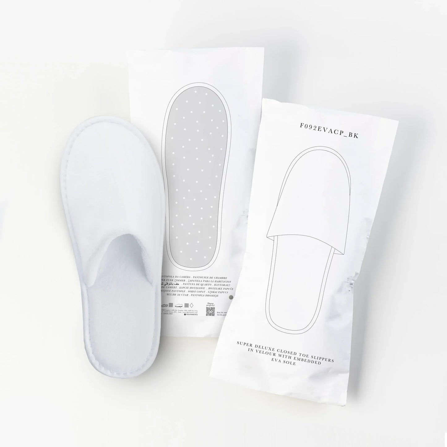 Chinelos de Quarto DELUXE em embalagem, chinelos acolchoados com sola anti-derrapante, embalagem reciclável.