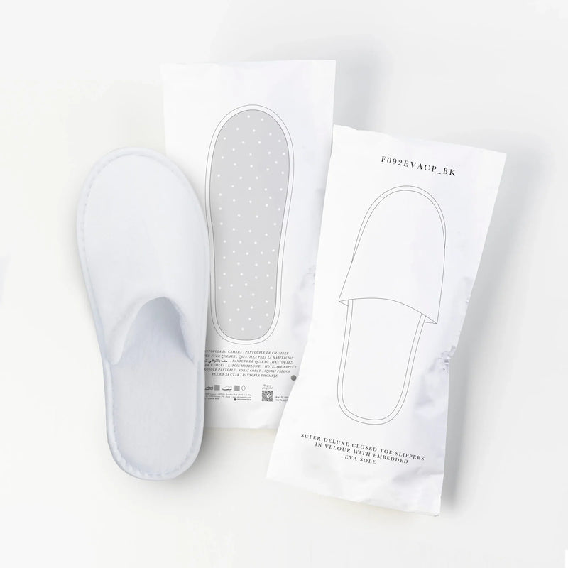 Chinelos de Quarto DELUXE em embalagem, chinelos acolchoados com sola anti-derrapante, embalagem reciclável.