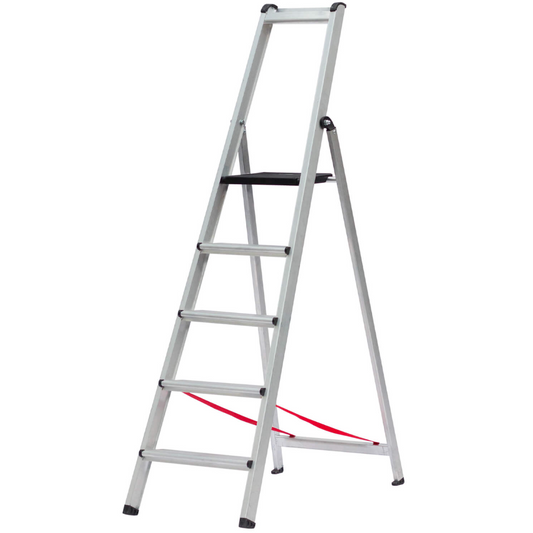 Escadote Profissional em Alumínio Extra Reforçado com 5 degraus, ideal para trabalho seguro e transporte fácil.