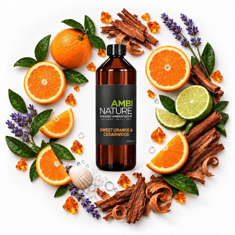 Ambientador Mikado Premium Recarga 1000ml Ambinature com laranjas, cedro e diversos elementos decorativos.