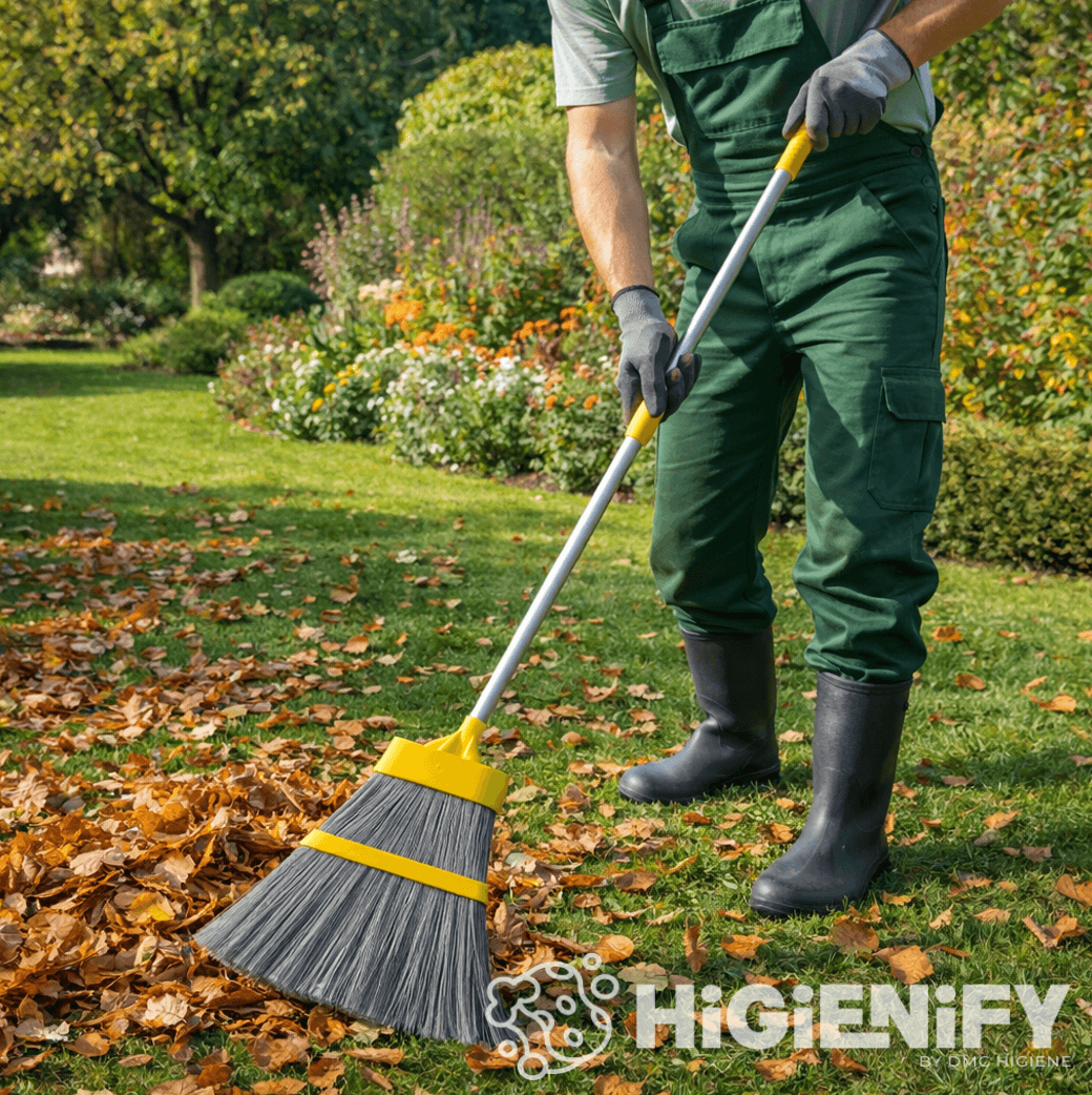 Vassoura de Jardinagem em Palheta Nylon com Cabo Extensível em uso por um jardineiro