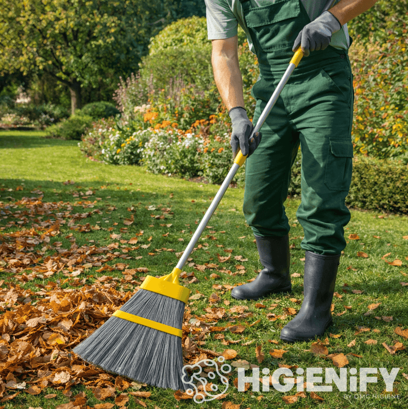 Vassoura de Jardinagem em Palheta Nylon com Cabo Extensível em uso por um jardineiro