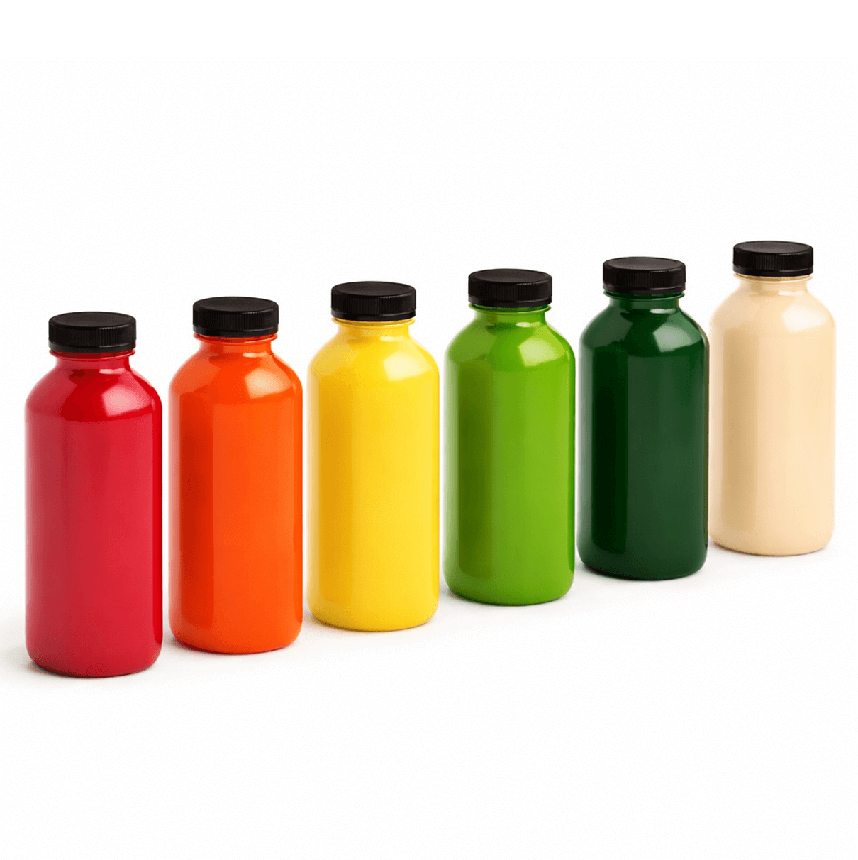 Garrafa PET 250ml Transparente com Tampa em cores variadas, ideal para bebidas e alimentos.