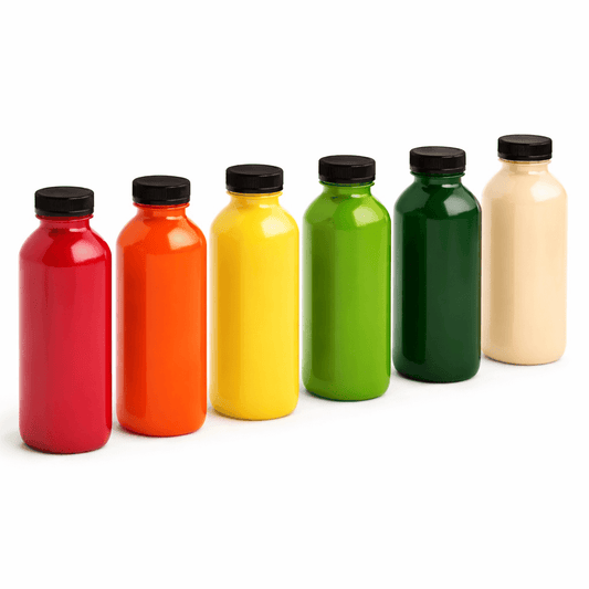 Garrafa PET 500ml Transparente com Tampa, disponível em várias cores vibrantes, ideal para produtos alimentares.