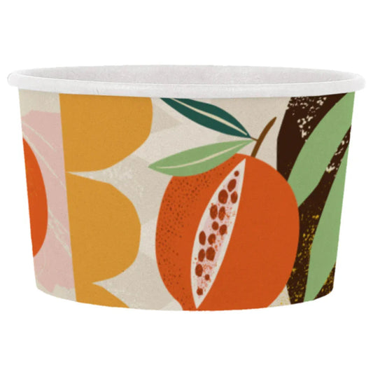 Taça de Cartão Decorada para Gelados 300ml com design colorido e frutas, ideal para servir gelados.