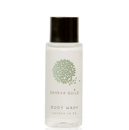 Gel de Banho Geneva Guild Frasco 30ml, embalagem de 30ml, cosmético vegan e enriquecido com aloé verá, amenities para hoteis