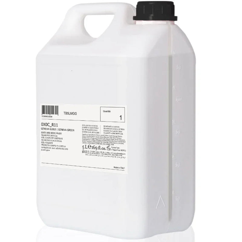 Gel de Banho e Champô 2em1 Geneva Guild 5L em embalagem de plástico para cuidados de cabelo e corpo.