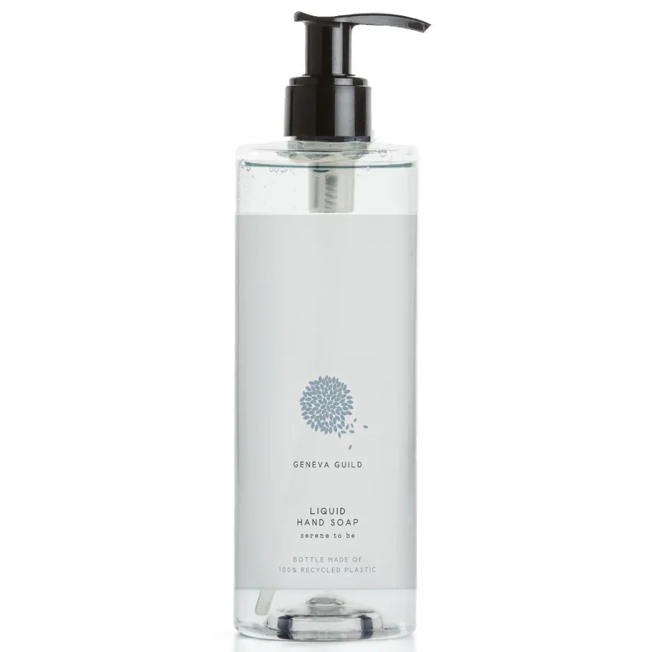 Sabonete Líquido das Mãos Geneva Guild 380ml em frasco transparente com bomba dosadora.