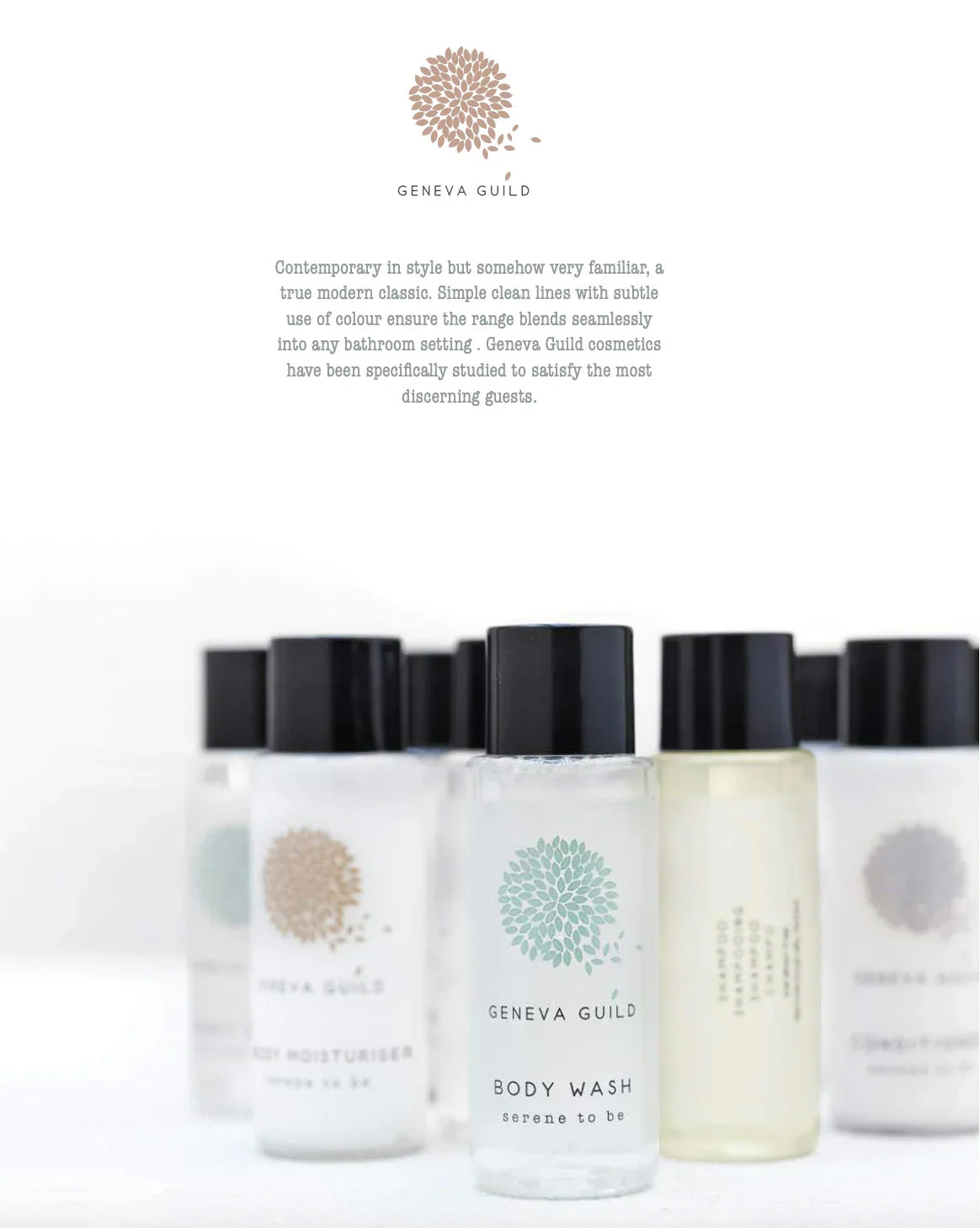 Sabonete Líquido das Mãos Geneva Guild em frascos, com produtos de cuidado e higiene pessoal.