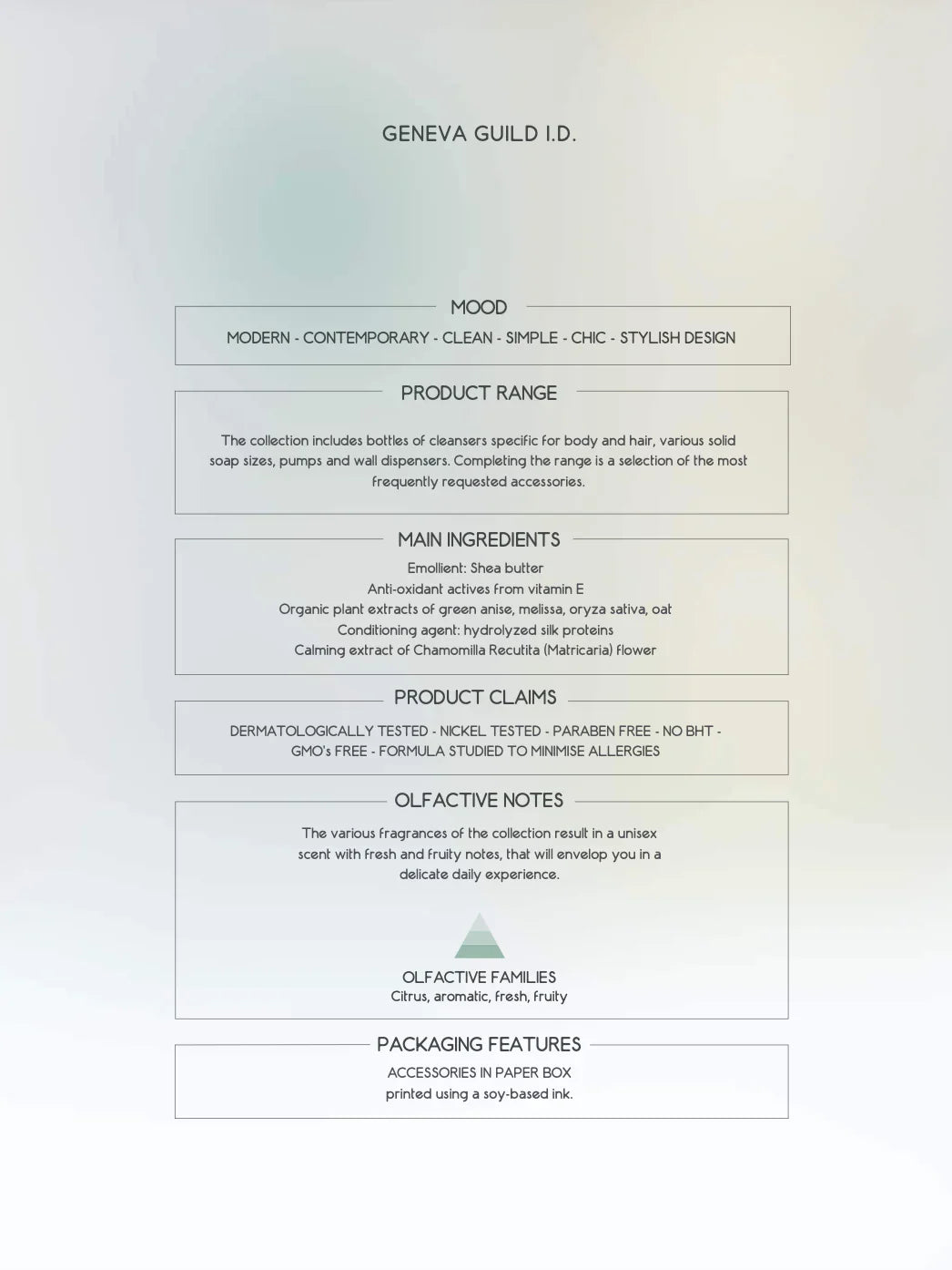 Informações sobre o sabonete líquido das mãos Geneva Guild, incluindo ingredientes e características do produto.