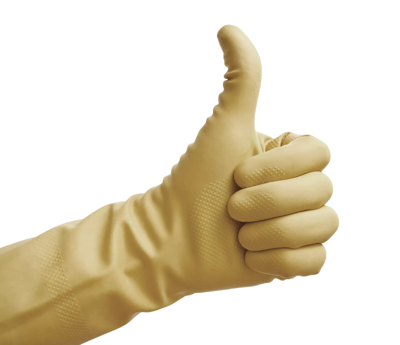 Luva Latex Menage Satinada Reforçada a mostrar um dedo polegar levantado, ideal para limpeza e tarefas exigentes.