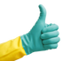 Luva Latex Flocada Reforçada Bicolor com polegar para cima, ideal para limpeza profissional e reutilizável.