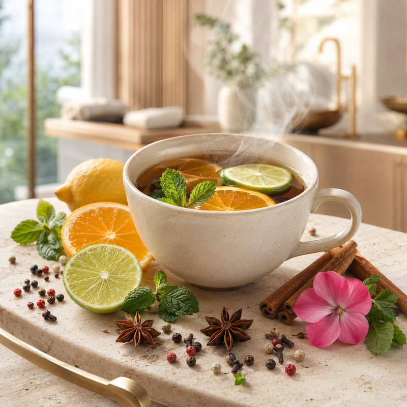 Aroma de Chá Verde, Green TEA da AMBINATURE evocando o perfume de umChá quente servido numa chávena com limão, laranja, hortelã e especiarias ao redor.