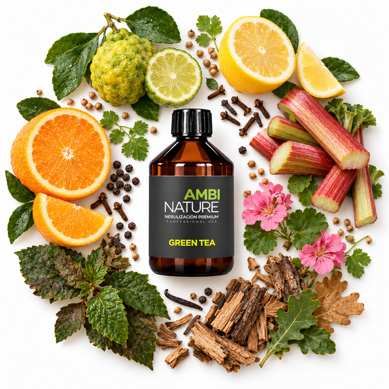 Recarga de Óleos Essenciais para Difusores | essência GREEN TEA da AmbiNature com frutas e ervas naturais.