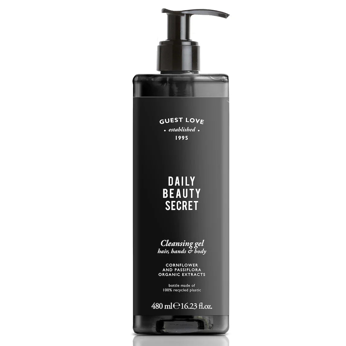 Gel de Banho e Champô 2em1 Guest Love 480ml em embalagem de pump, com extratos orgânicos e design elegante, perfeito para hóteis e alojamento local