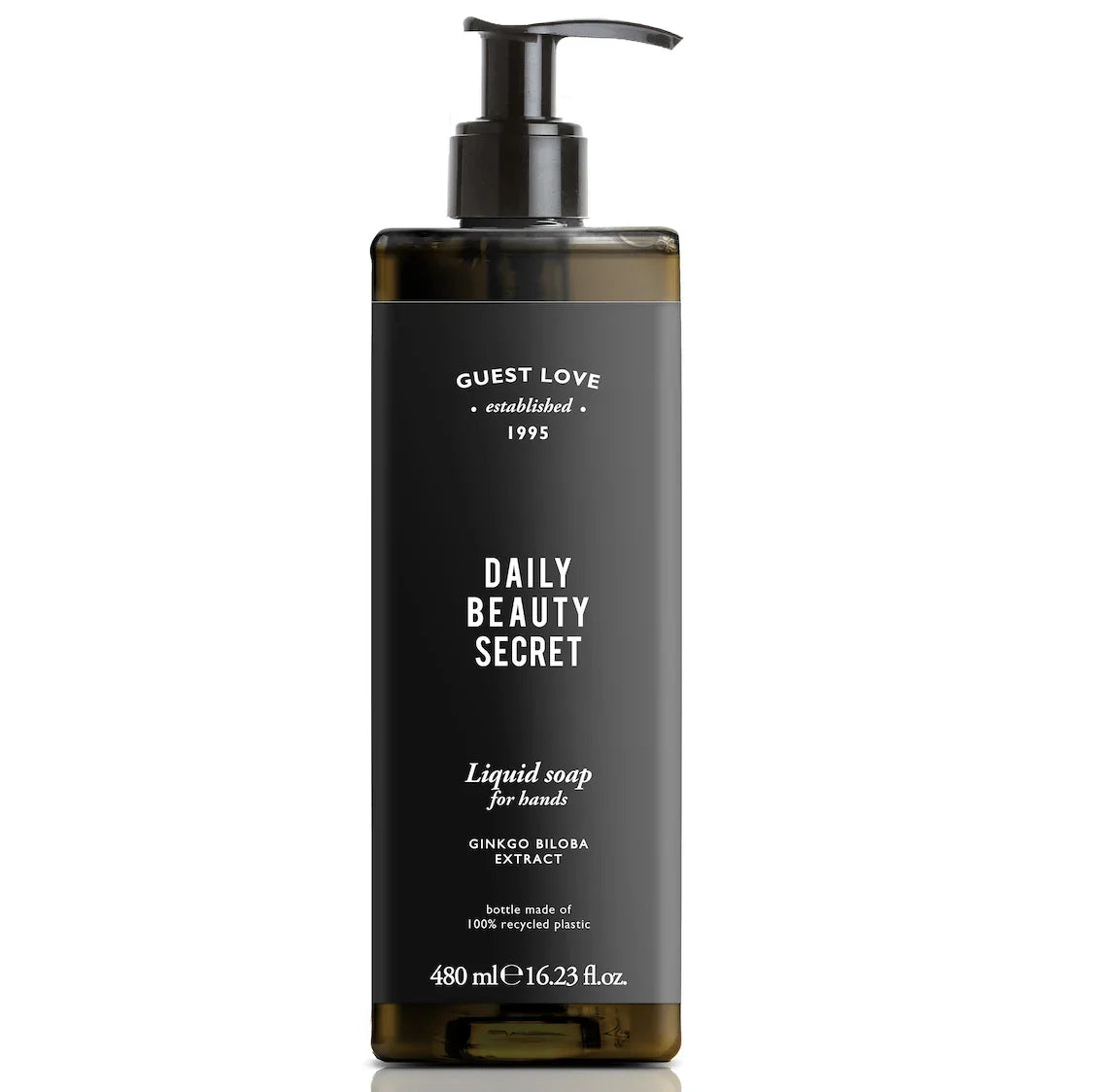 Sabonete Líquido das Mãos com Doseador 480ml Guest Love, embalagem elegante e moderna, com extrato de Ginkgo Biloba, perfeito para hotéis e alojamento local