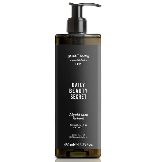 Sabonete Líquido das Mãos com Doseador 480ml Guest Love, embalagem elegante e moderna, com extrato de Ginkgo Biloba, perfeito para hotéis e alojamento local