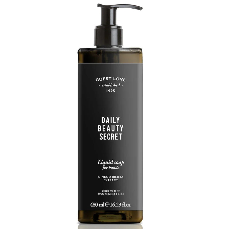 Sabonete Líquido das Mãos com Doseador 480ml Guest Love, embalagem elegante e moderna, com extrato de Ginkgo Biloba, perfeito para hotéis e alojamento local