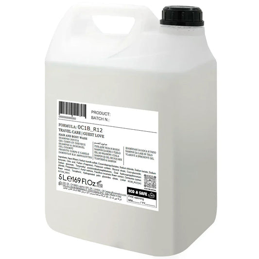 Gel de Banho e Champô 2em1 Guest Love 5L Recarga em embalagem de plástico para cuidados capilares e corporais, perfeito para hotéis e alojamento local