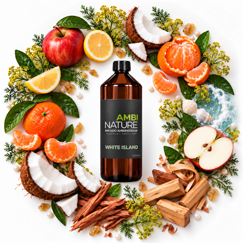 Ambientador Mikado Premium Recarga 1000ml Ambinature com aromas de frutas e flores.