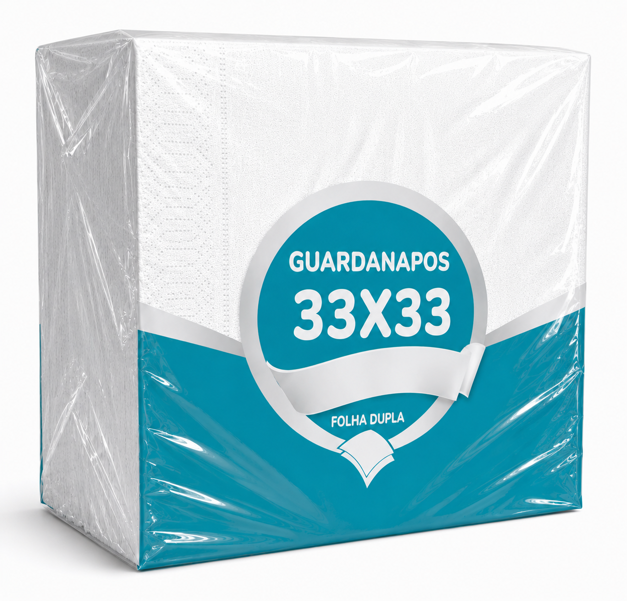 Embalagem de Guardanapos de Papel Folha Dupla 33x33cm, embalagem plástica, produto branco.
