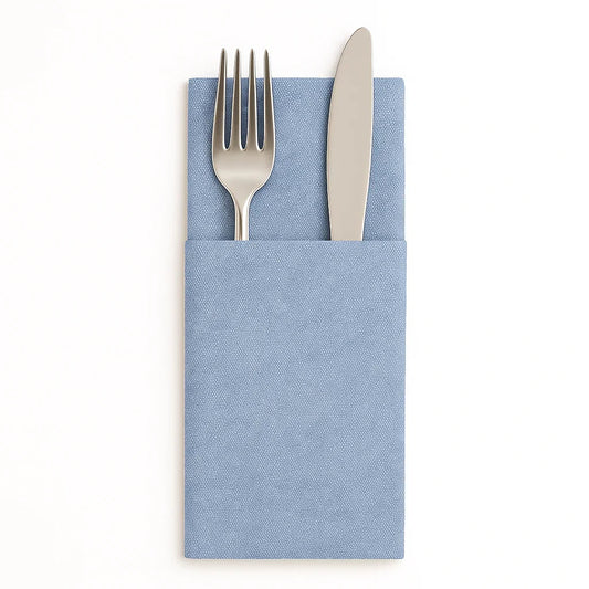 Guardanapos de Mesa Dobrados com Bolsa Kanguru Azuis com garfo e faca, ideal para restaurantes e eventos.