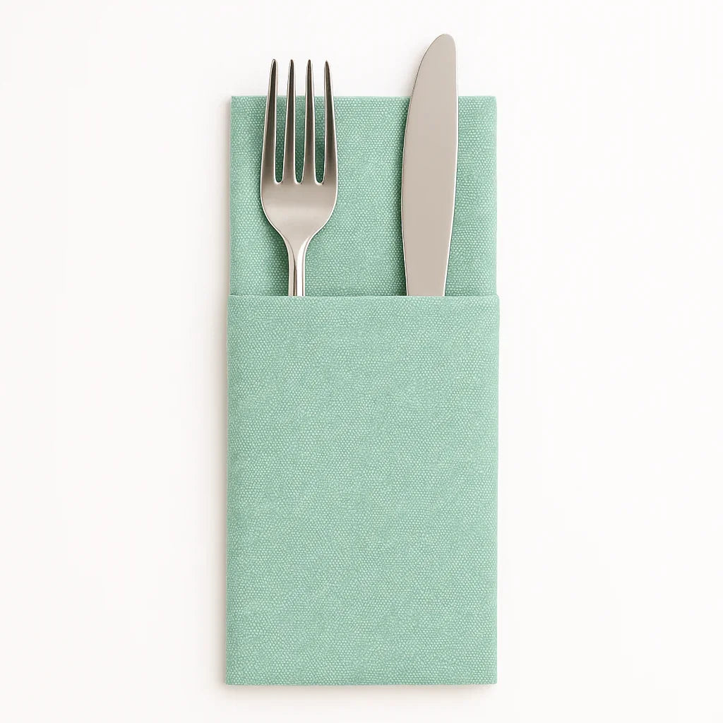 Guardanapos de Mesa Dobrados com Bolsa Kanguru Verdes com garfo e faca.