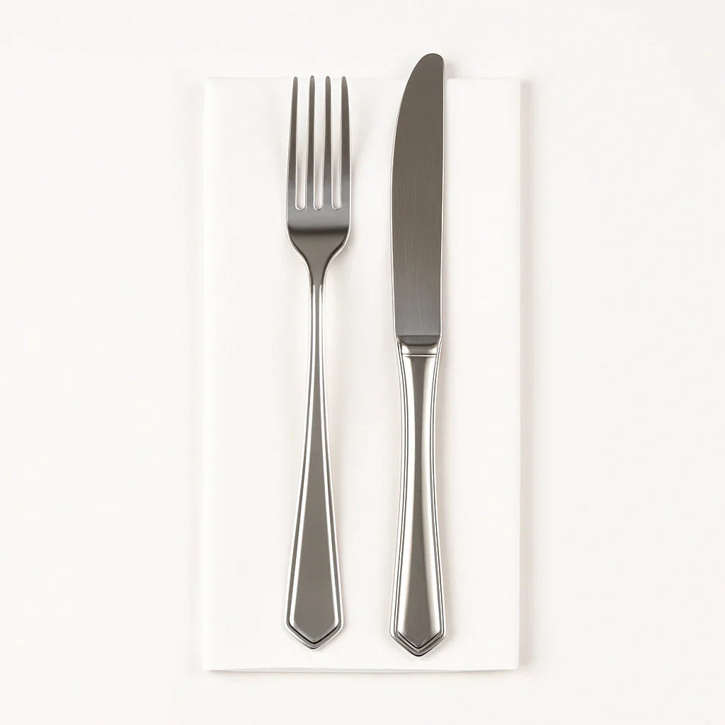 Guardanapos de Mesa Brancos Dobrados 1-8 PPP 40x40cm com talheres prateados.