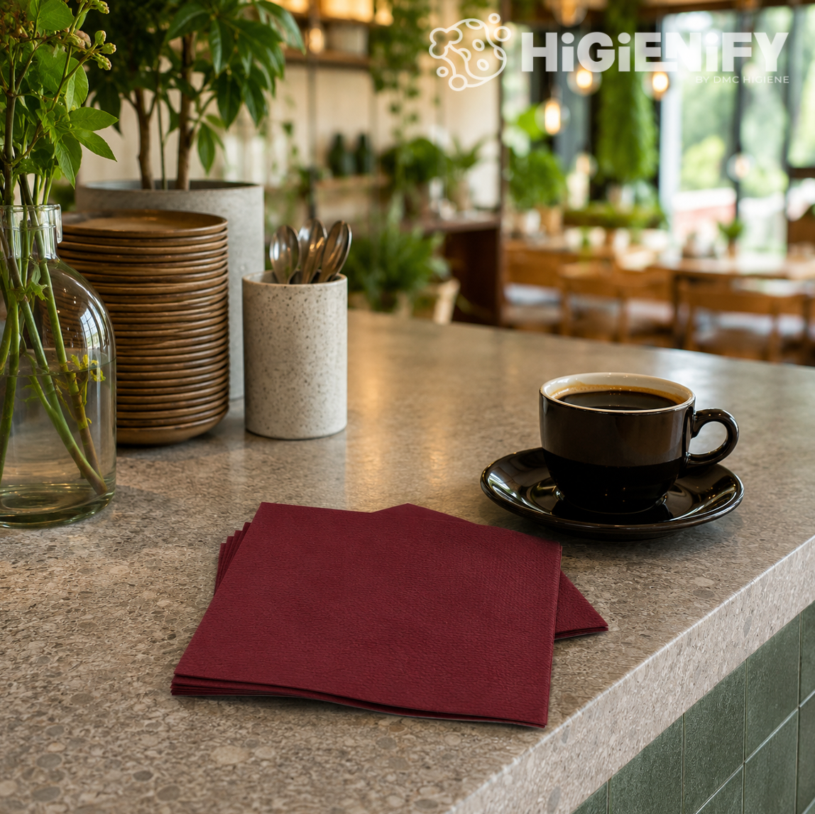 Guardanapos de Bar Bordô Folha Dupla PPP 20x20cm em mesa de café, ideal para estabelecimentos de alta qualidade.
