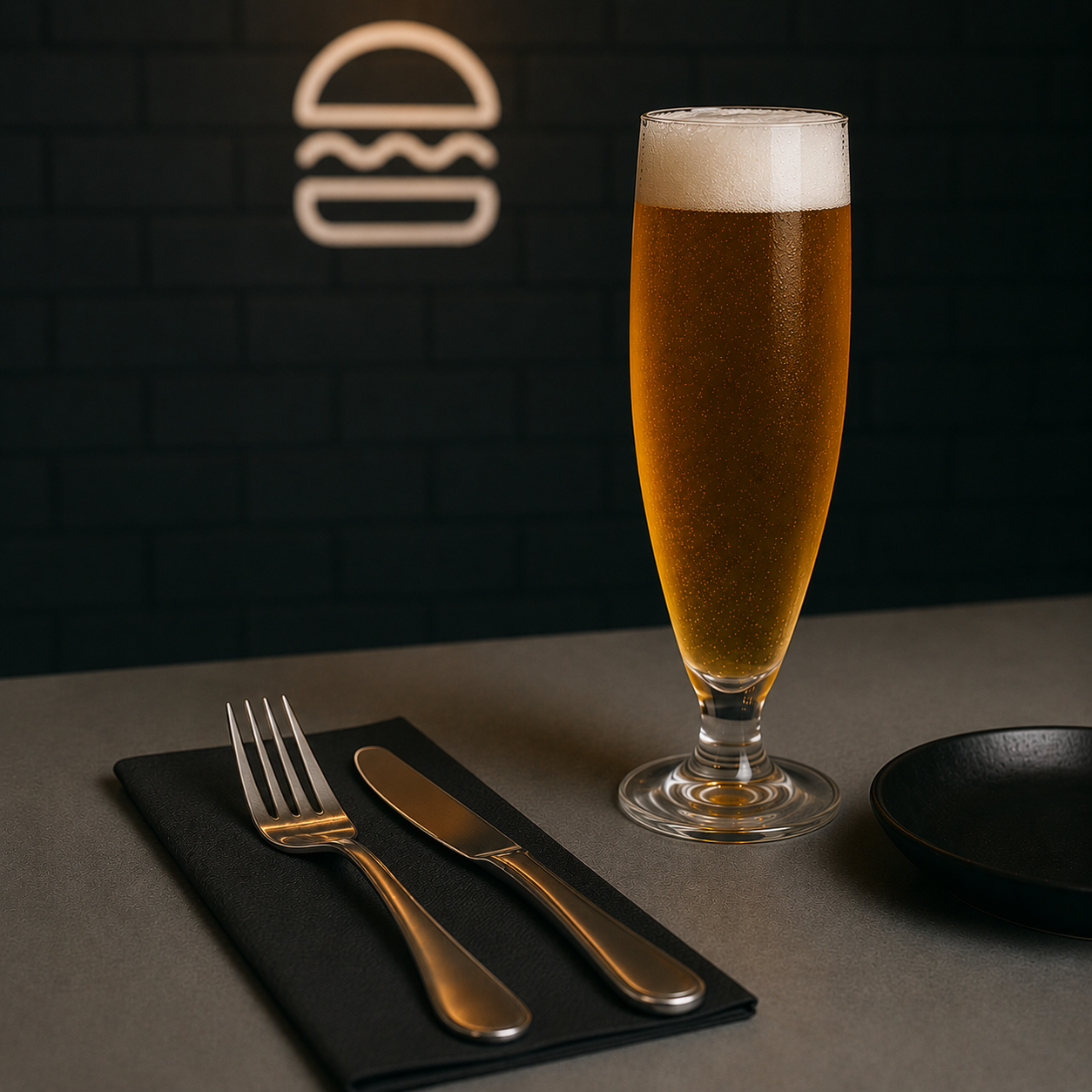 Guardanapos de Mesa Pretos Dobrados 1-6 PPP 30x40cm com talheres e copo de cerveja em ambiente de restaurante.