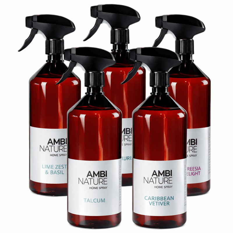 Ambientador Líquido Concentrado Premium AMBINATURE em frascos de 1000ml, incluindo Lime Zest, Talcum e Caribbean Vetiver.
