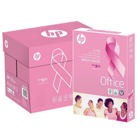 Papel Fotocopia A4 80g HP COPY PINK REAM com embalagem rosa e logo HP.
