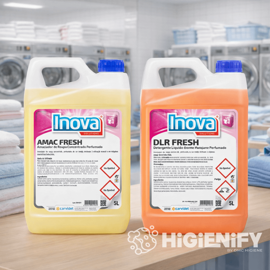 2 garrafões numa lavandaria de Amaciador da Roupa Profissional 5 Litros e Detergente Líquido Máquina da Roupa Profissional 5 Litros com aroma FRESH Frutado Fresco