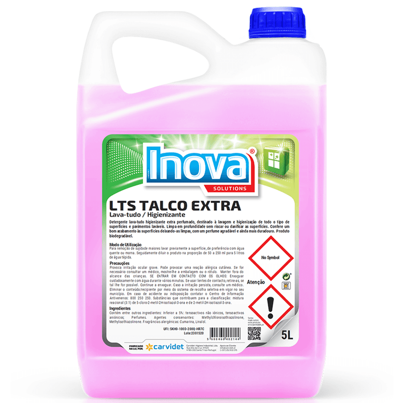 Detergente Lava Tudo Perfumado Talco com Bioálcool em embalagem de 5L da Inova LTS Extra.