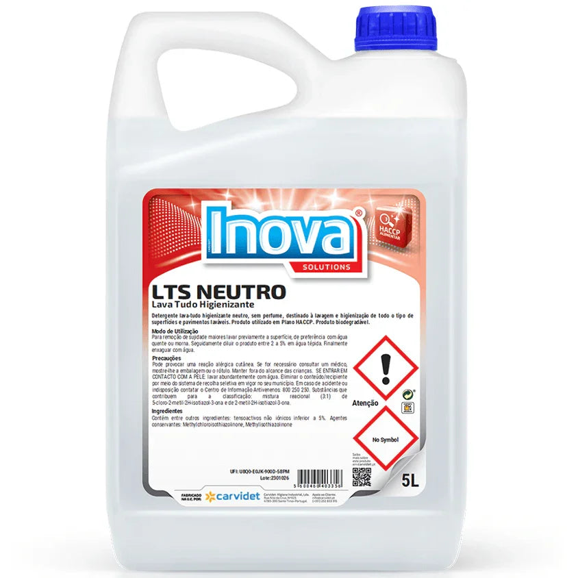 Detergente Lava Tudo Neutro 5 Litros sem Perfume Uso Profissional Multiusos Garrafão INOVA LTS CARVIDET Glow