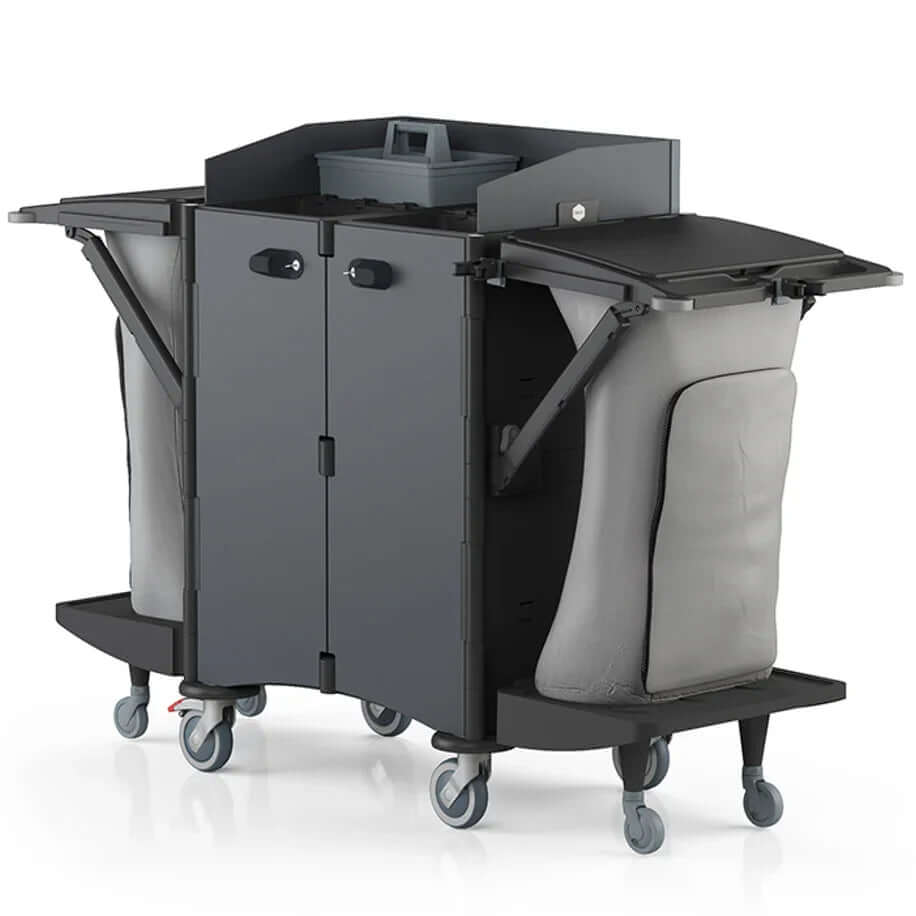 Carrinho Serviço Housekeeping IPC Brix Hotel, ideal para limpeza, funcional e ergonómico com compartimentos para resíduos.