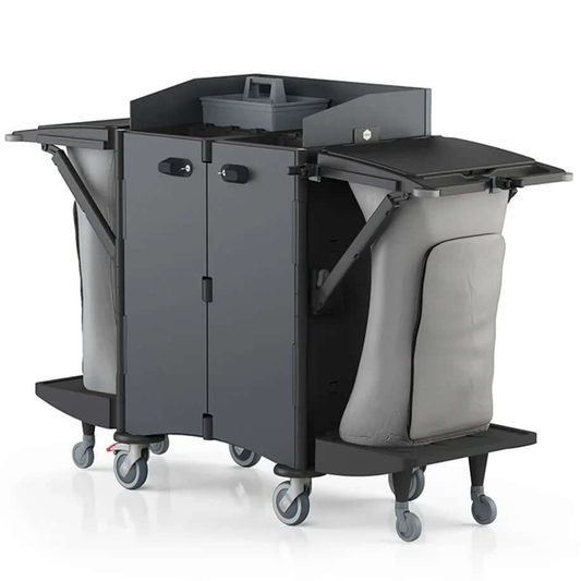 Carrinho Serviço Housekeeping IPC Brix Hotel, ideal para limpeza, funcional e ergonómico com compartimentos para resíduos.