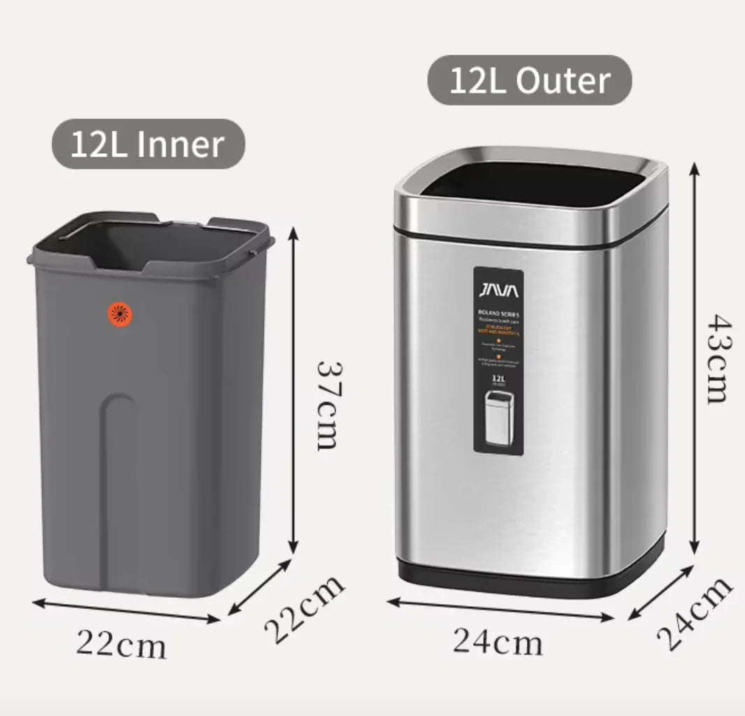 Papeleira Lixo Inox Aberta 12L com medidas e design moderno, ideal para escritórios e espaços comerciais.