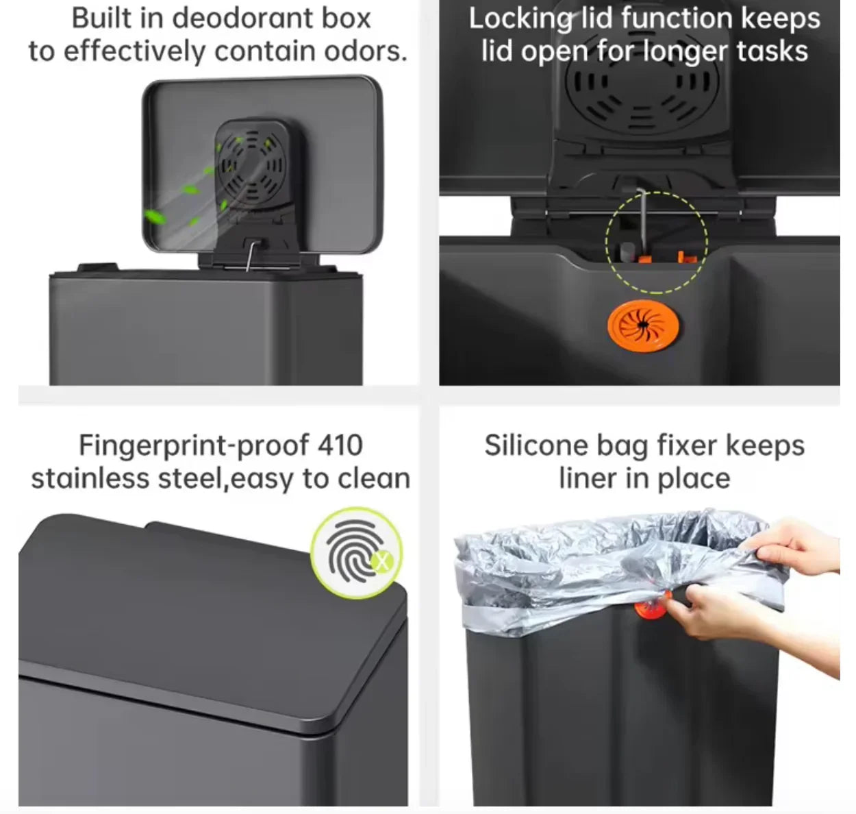 Balde Lixo Inox com Pedal XL 45L com função de bloqueio, aço inoxidável resistente a impressões digitais e fixador de saco.
