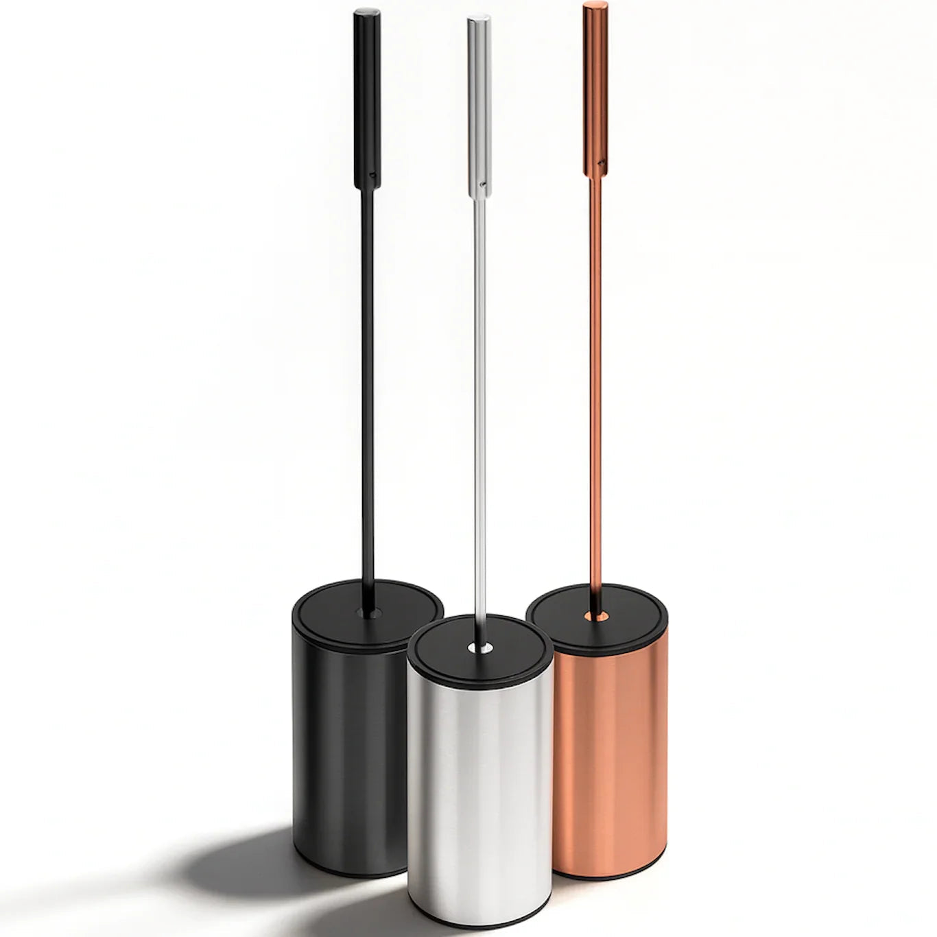 Conjunto Porta Piaçaba Inox Premium JNF em três cores: preto, prata e cobre, ideal para casas de banho elegantes.
