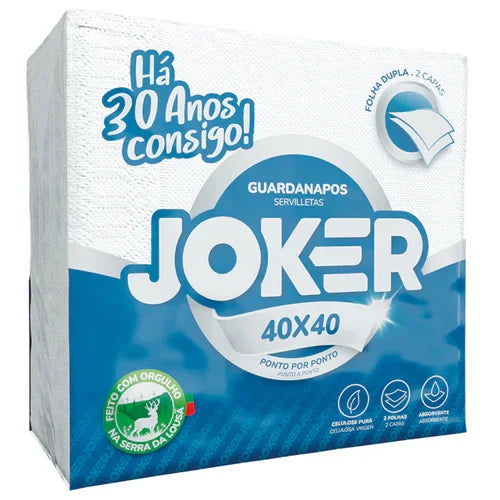 Guardanapos de Mesa Brancos Folha Dupla PPP 40x40cm embalagem Joker, caixa com 1200 unidades, alta absorção e resistência.