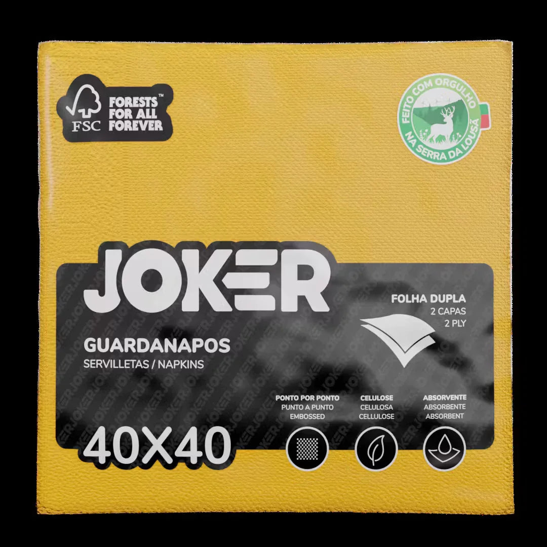 Guardanapos de Mesa Amarelos Folha Dupla PPP 40x40cm Jokers, embalados em caixa com 1200 unidades, dois capas para alta absorção.