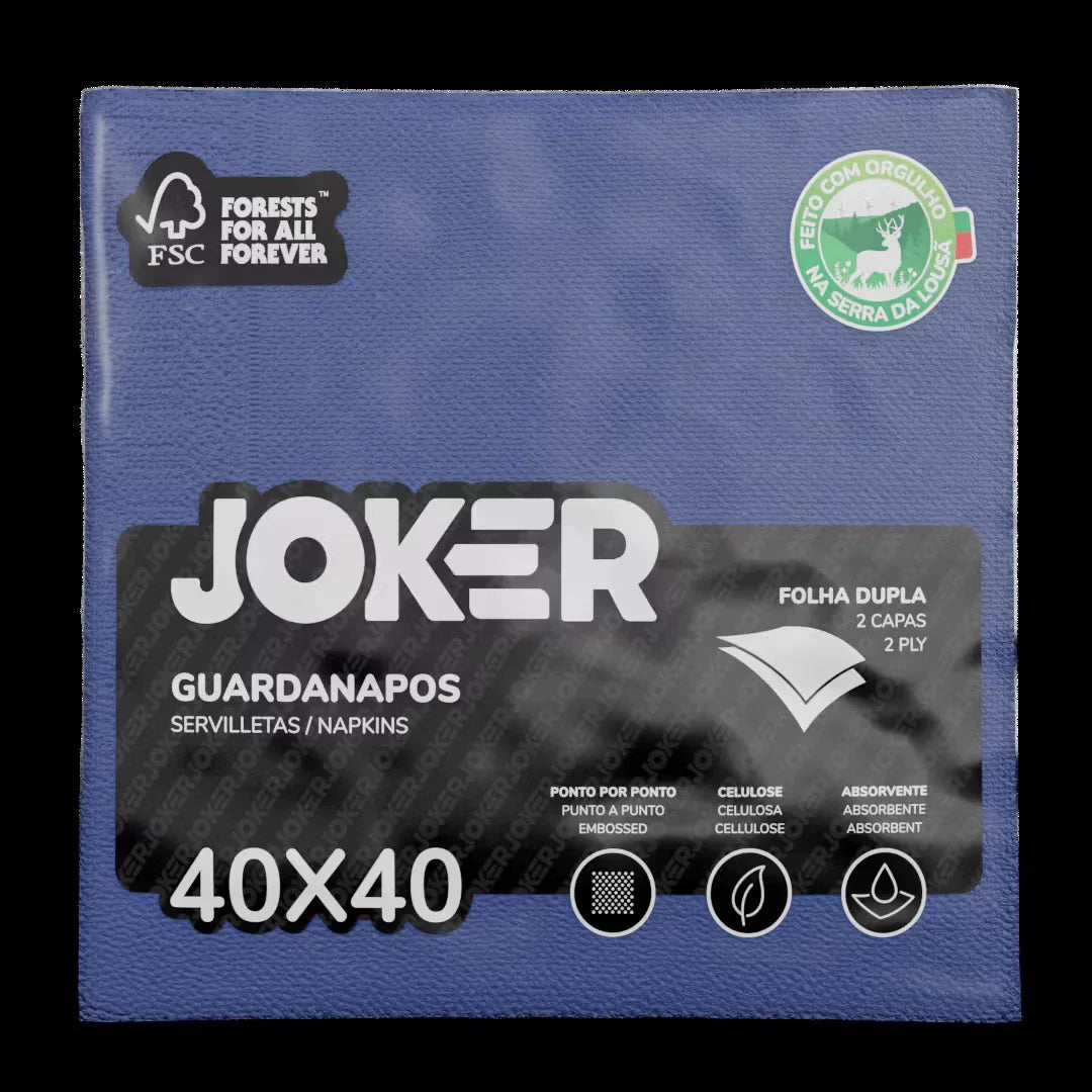 Guardanapos de Mesa Azuis Folha Dupla PPP 40x40cm Joker, embalagem dos guardanapos de 2 camadas de 40x40cm.