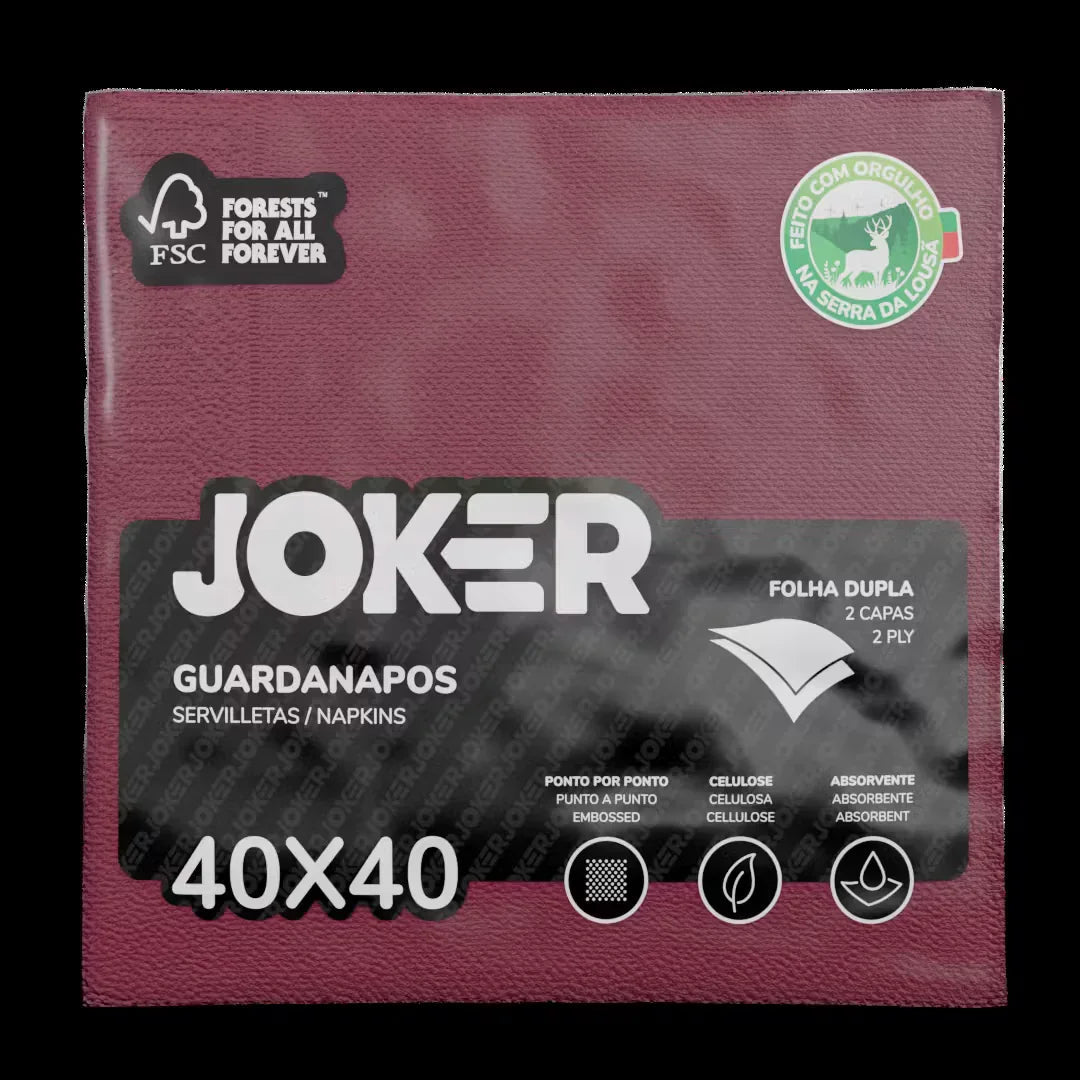 Guardanapos de Mesa Cores Folha Dupla PPP 40x40cm Joker embalagem em cor bordô com 2 camadas e logótipo FSC.