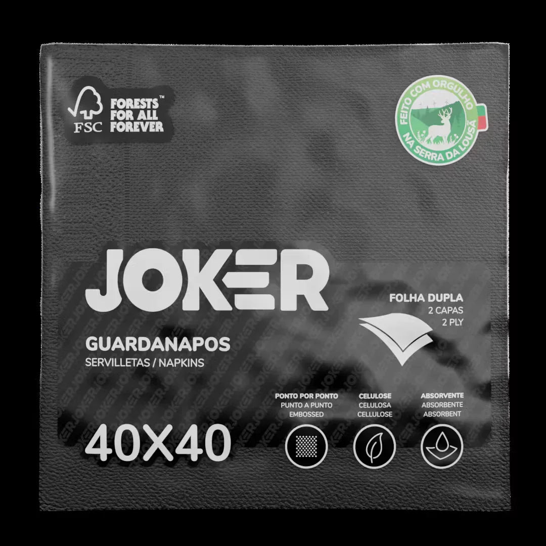 Guardanapos de Mesa Pretos Folha Dupla PPP 40x40cm embalagem de 1200 unidades da marca Joker, destacando a suavidade e resistência.