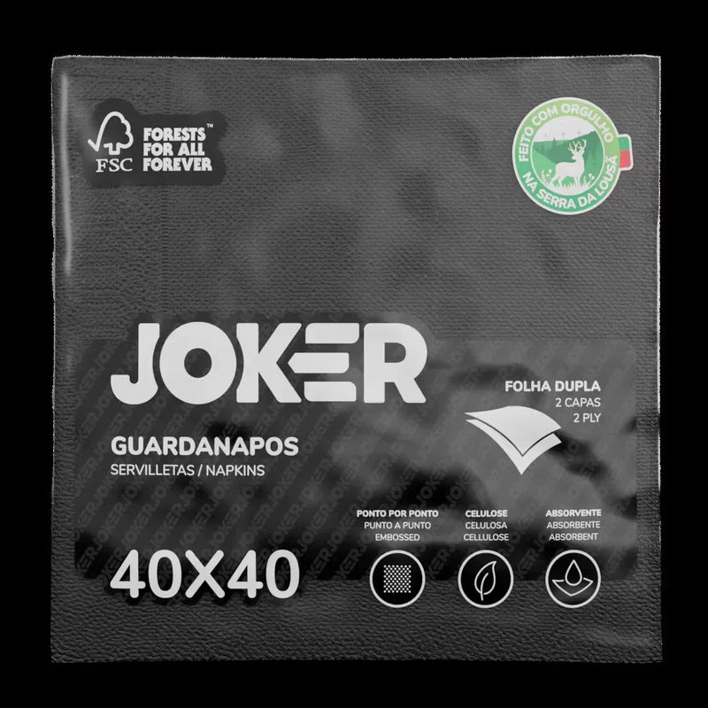 Guardanapos de Mesa Pretos Folha Dupla PPP 40x40cm embalagem de 1200 unidades da marca Joker, destacando a suavidade e resistência.