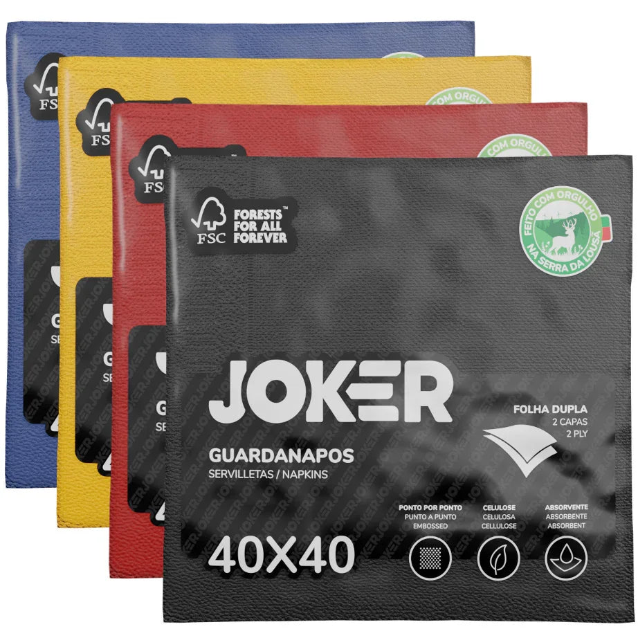 Guardanapos de Mesa Amarelos Folha Dupla PPP 40x40cm em várias cores, embalagem de servilletas Joker com 1200 unidades.