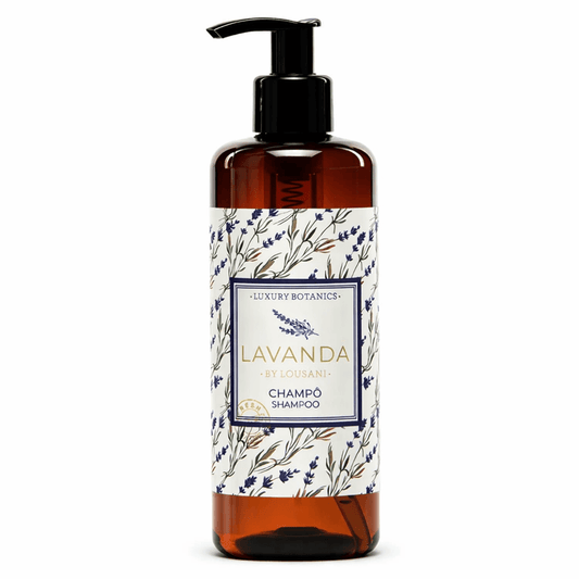 Champô Lavanda | Garrafa 300ml c/Bomba Doseadora da Lousani com design mediterrânico.